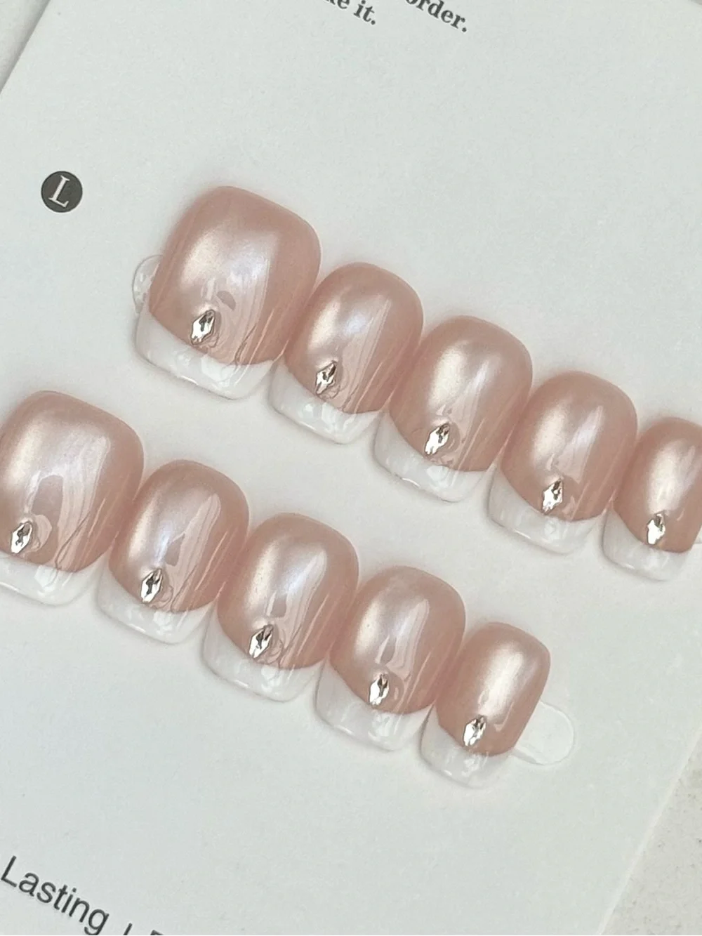 Pearl Pink French Tip Press-On Nail Set with Silver Accent Size M